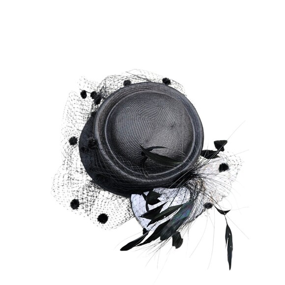Vintage B Michael Straw Hat Fascinator Mesh Netting Feathers Statement  Church